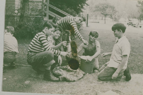 Boys making ice cream in front of the Canyon School in Santa Monica Canyon