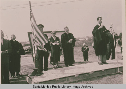 American flag flies at the ground breaking ceremonies for the sanctuary of the Methodist Church on Via de la Paz, Pacific Palisades, Calif