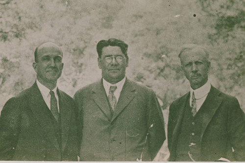 Founder of Pacific Palisades Charles Scott (left) with an unidentified man and Oren Waite (right)