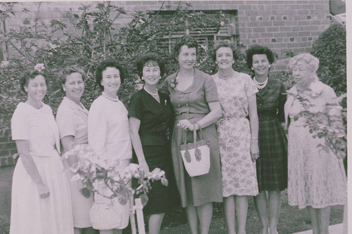 Group of Pacific Palisades women (Left to right: Beatrice Clark, Jean Clausen, Martha French, Ina Andrews, Jean Anglemeyer, Eleanor Reeves, Margaret Jane Work, Mrs. Beatrice Clark)