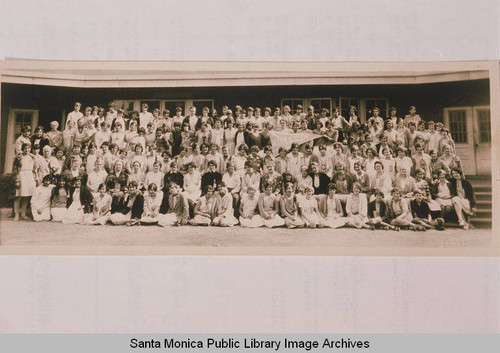 Group portrait in front of the dining hall at Institute Camp, Temescal Canyon, Pacific Palisades, Calif