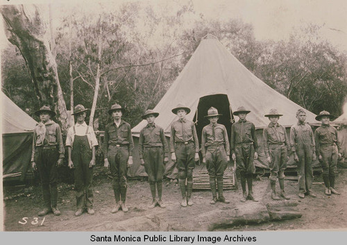 Boy Scouts in front of tent at Institute Camp in Temescal Canyon