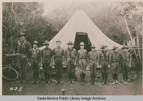 Boy Scouts in front of tent at Institute Camp in Temescal Canyon