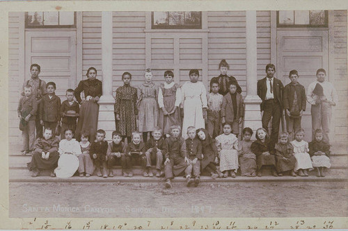 Students and teacher of the Canyon School, Santa Monica Canyon in December 1897, with several children of the Marquez family in the group