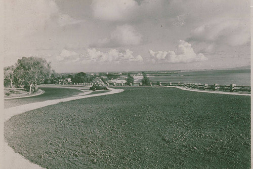 A car parked for the view of Santa Monica Bay in Pacific Palisades