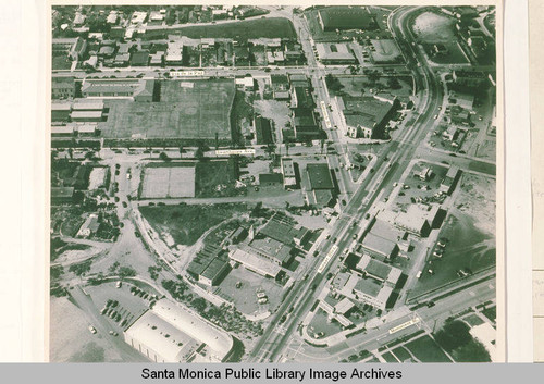 Aerial view of downtown Pacific Palisades showing the confluence Via de La Paz, Swarthmore Avenue, Antioch Street, Sunset Blvd., and Monument Street