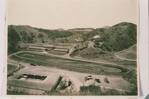 Aerial view of main stables and mule barn at Will Rogers Ranch in Rustic Canyon, Calif