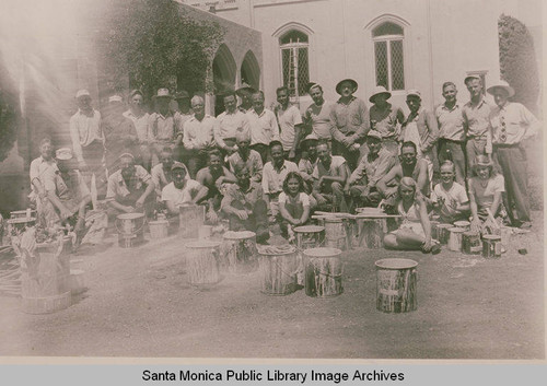 Volunteers and workers are gathered for the painting of the sanctuary of the Methodist Church, Pacific Palisades, Calif