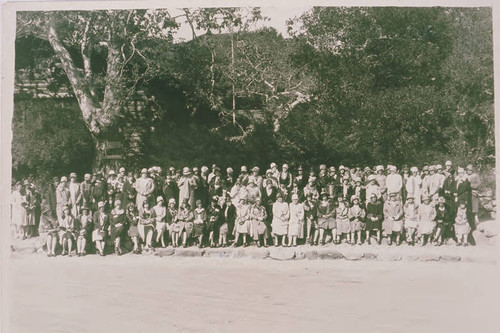 Group portrait in front of the library at the Assembly Camp in Temescal Canyon, Calif