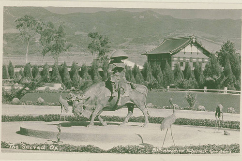 Sacred ox sculpture in the Bernheimer Gardens, Pacific Palisades, Calif