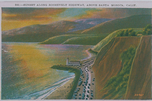 Pacific Coast Highway and the lighthouse from the bluffs of Pacific Palisades at sunset