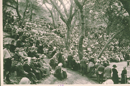 Gathering at the amphitheater at Sylvan Glen, Assembly Camp, Pacific Palisades, Calif