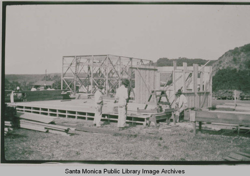 Men working at Construction Center, Assembly Camp in Temescal Canyon, Pacific Palisades, Calif