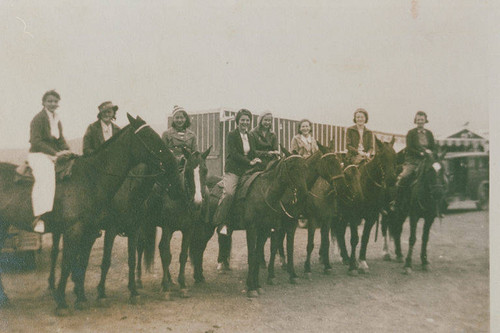 Girls on horses at the Hot and Tot Riding Academy stables in Pacific Palisades