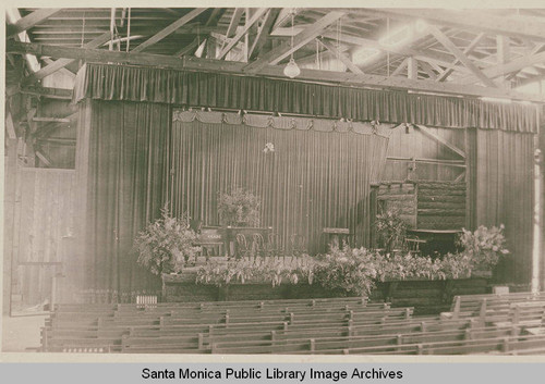 Stage in auditorium of the Tabernacle, with a play in progress, Temescal Canyon, Calif