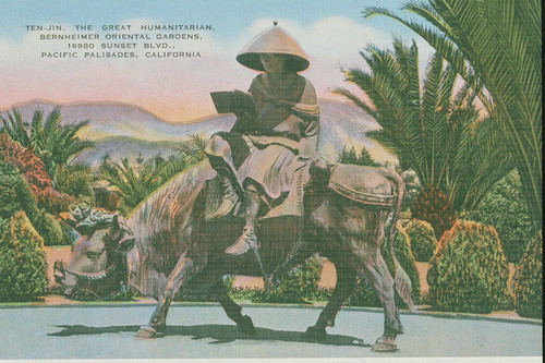 Sculpture of Ten-Jin "the Great Humanitarian" riding an ox in Bernheimer Gardens, Pacific Palisades, Calif