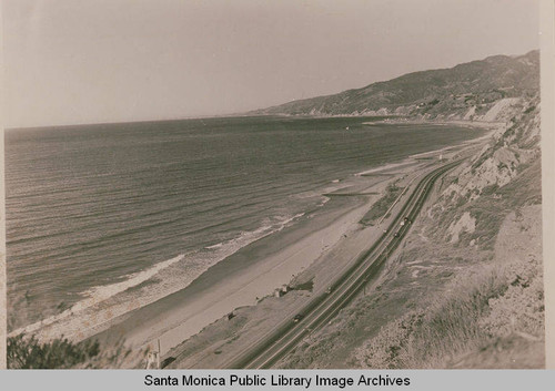 Aerial view of Pacific Coast Highway from Asilomar Blvd. looking toward Santa Ynez Canyon, Calif