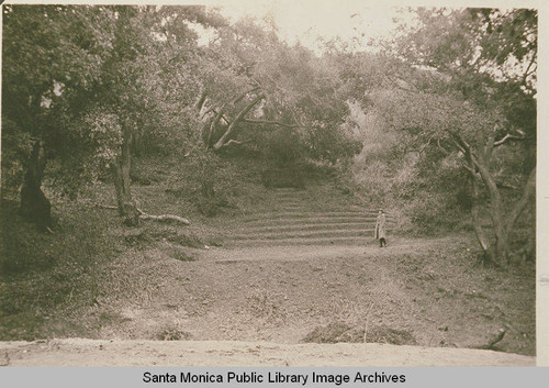 Young woman walking in an informal amphitheater at the Assembly Camp, with oaks and sycamores shading the setting, Temescal Canyon, Calif