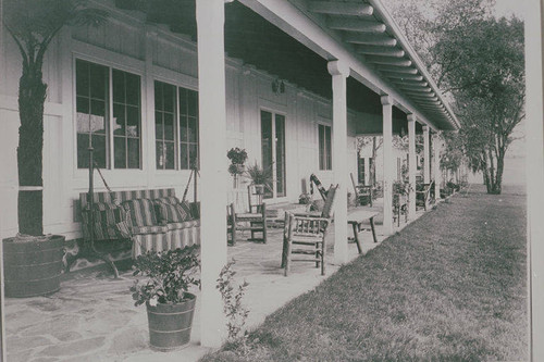 Porch of the main house at Will Rogers State Park, Rustic Canyon, Calif