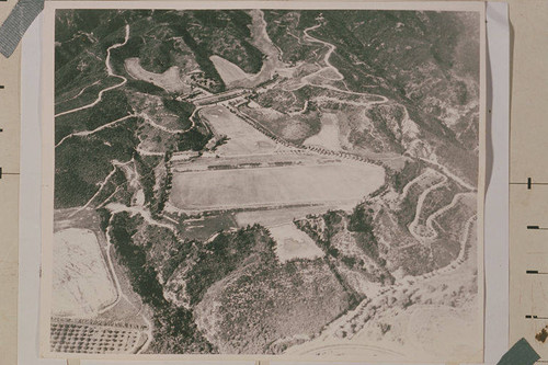 Aerial view of the Will Rogers polo field and ranch grounds, Rustic Canyon, Calif