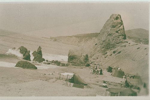 Camping near Castle Rock on the beach near Santa Monica, Calif