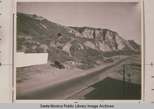 Early shot of Pacific Coast Highway (originally called State Highway, then Roosevelt Highway) below Via De Las Olas, Pacific Palisades, Calif