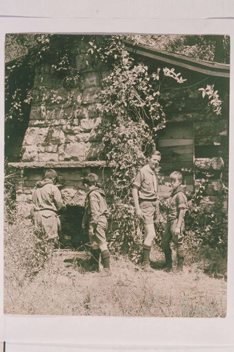 Boy Scouts in front of Will Rogers Getaway Cabin on the ranch at Rustic Canyon