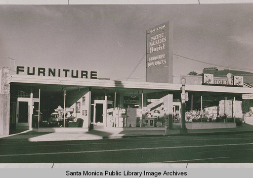 Commercial district on Via de La Paz showing the storefronts of the Pacific Palisades Florist and a furniture store