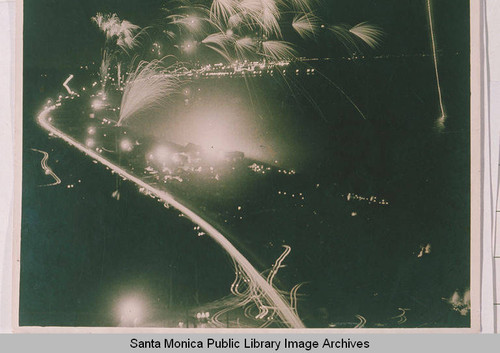 Fireworks along the coast of Pacific Palisades and Santa Monica Bay on the Fouth of July, 1927