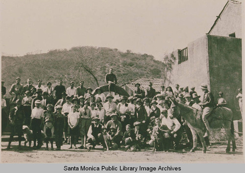 Cast and crew on movie set in Las Pulgas Canyon, Calif