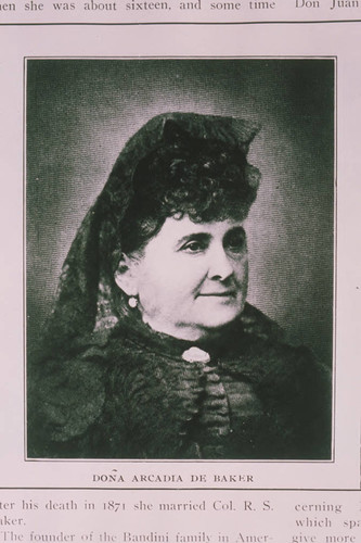 Mrs. Arcadia de Baker, daughter of Don Juan Bandini, appearing in a magazine or newspaper article