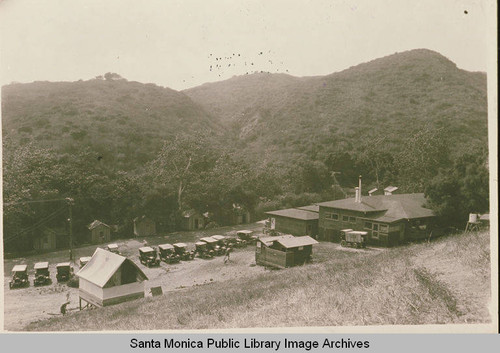 Assembly Camp buildings including the cafe, meat market, and grocery in Temescal Canyon, Calif