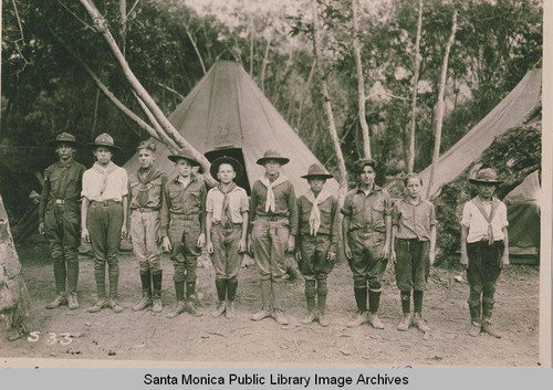 Boy Scouts posing for a portrait, summer 1922, Temescal Canyon, Calif