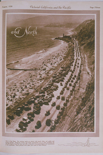 Looking north on Pacific Coast Highway to the lighthouse from Santa Monica, appearing in an article for "Pictorial California Magazine."