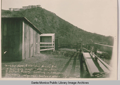 Miramar Stables in Santa Ynez Canyon showing the home of Thomas Ince, the silent film producer, on the hill above