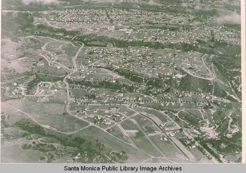 Aerial view looking down on the Las Pulgas Canyon area and Pacific Palisades