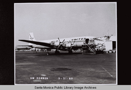 United Airlines plane on the tarmac at Santa Monica Municipal Airport, March 31, 1960