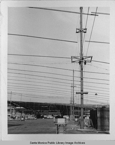 Detail of the tension compression structure which supported the camouflage designed by landscape architect Edward Huntsman-Trout to conceal the manufacture of military aircraft at the Douglas Aircraft Company Santa Monica plant during World War II