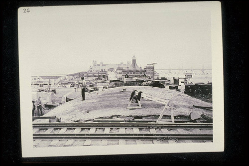 Construction of the Olympic Tunnel (McClure Tunnel) on June 8, 1935 (Santa Monica Pier and La Monica Ballroom seen from the railroad tracks)