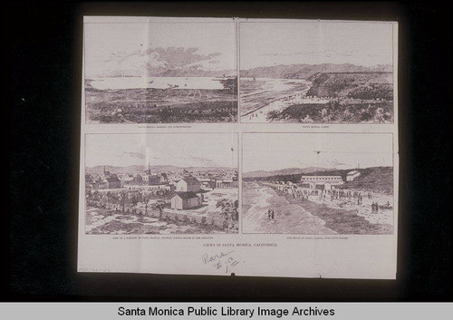 Four views of Santa Monica Harbor, Santa Monica Canyon, City of Santa Monica, and Santa Monica Beach and Bathhouses published by The Daily Graphic New York on Friday, September 13, 1878