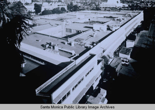 Exterior elevated northwest corner view facing southeast, Rand Corporation Headquarters, 1700 Main Street, Santa Monica, Calif