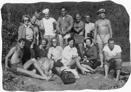 Irene A. Jones, Leonard Murray, and others on a beach outing, June 1944