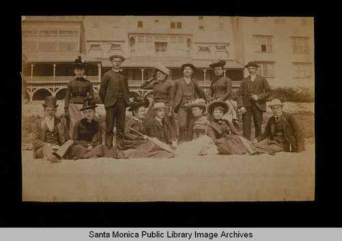 Group standing in front of the Arcadia Hotel, Santa Monica, Calif