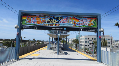 Artwork on gateway arches at Expo Line Expo/Bundy station, April 28, 2017