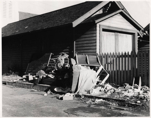 Pile of trash outside a house, Santa Monica, Calif