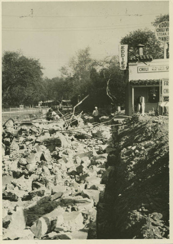 Flood damage to Eddie's Chili Villa in the Santa Monica Canyon flood of 1938