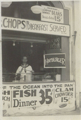 Counter man at Eddie's Chili Villa on the Ocean Park Promenade, 2930 Ocean Front, opened in June 1932