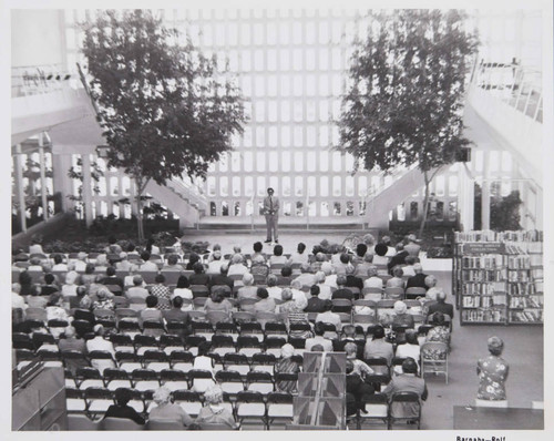 Author Ernest Marquez speaking at the tenth anniversary celebration of the ''new'' Main Library, September 21, 1975