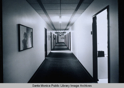 Interior second level corridor 2300 deatil view, facing south, Rand Corporation Headquarters, 1700 Main Street, Santa Monica, Calif