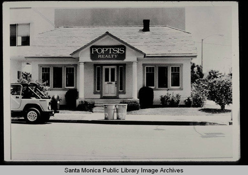 American Colonial Revival bungalow with Poptis Realty sign, 1457 Seventh Street, Santa Monica, Calif